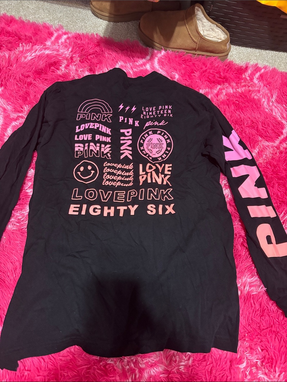 PINK Victoria's Secret Black Long-Sleeve Graphic Tee with Pink Logos